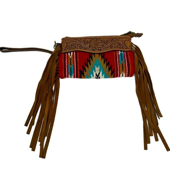 American Darling Tapestry Serape Fringed Wristlet Leather Clutch - Picture 1 of 12